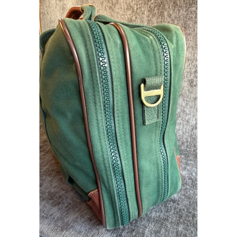 Vintage Lands' End Green Canvas Leather Trim Travel Duffle Bag Luggage Briefcase